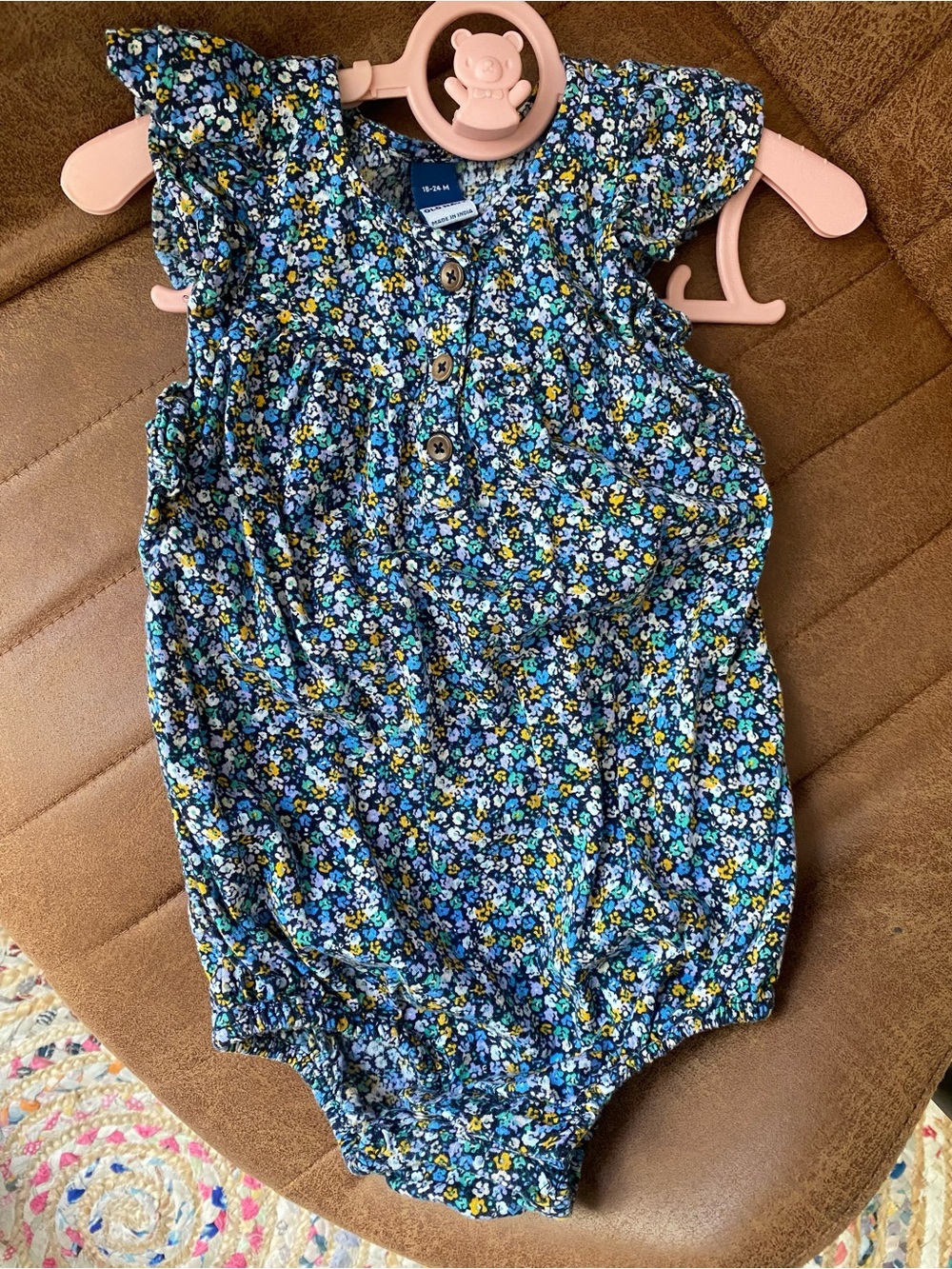 Floral Button-Front Ruffled Romper in Navy - Picture 5 of 6